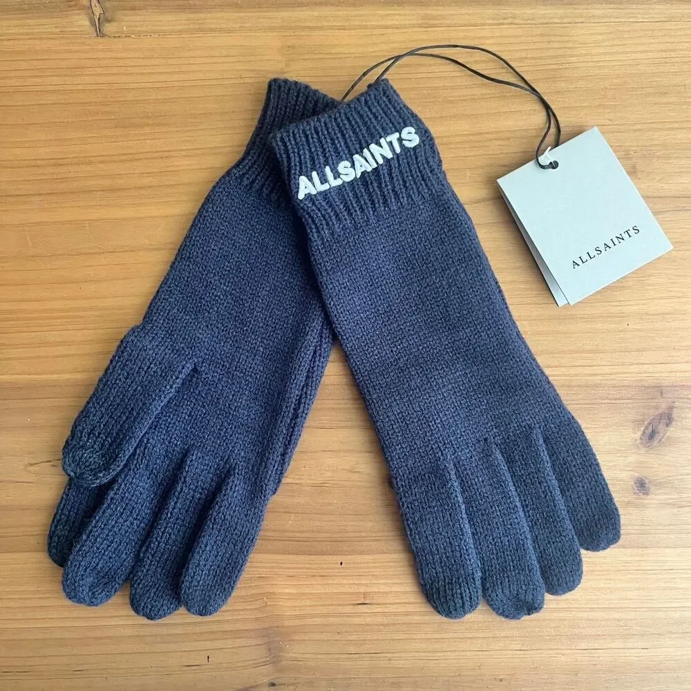 AllSaints Gloves Women's New NWT Blue Wool Blend Classic Winter Neutral Cozy
